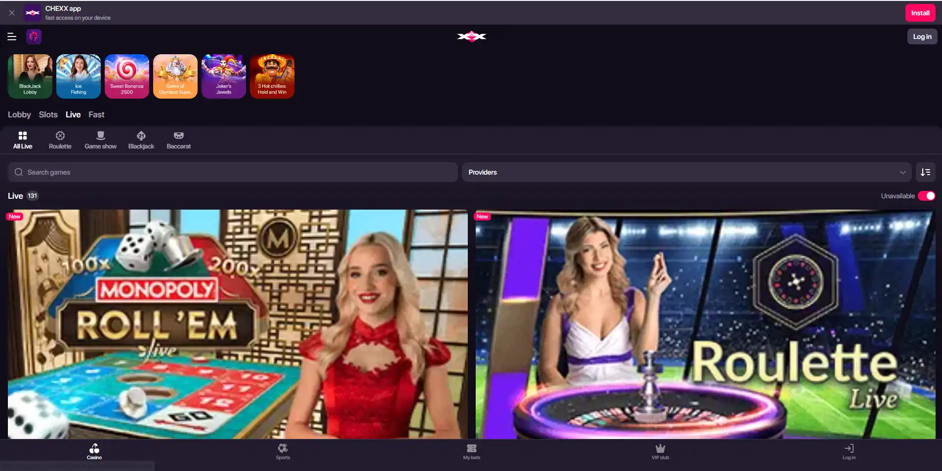 Categoría real de casino en vivo de CHEXX con sus filtros y mesas