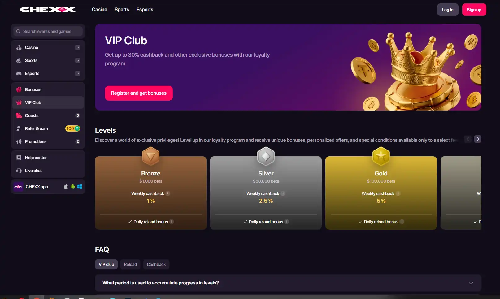 Página del club VIP de CHEXX con niveles y cashback semanal visibles