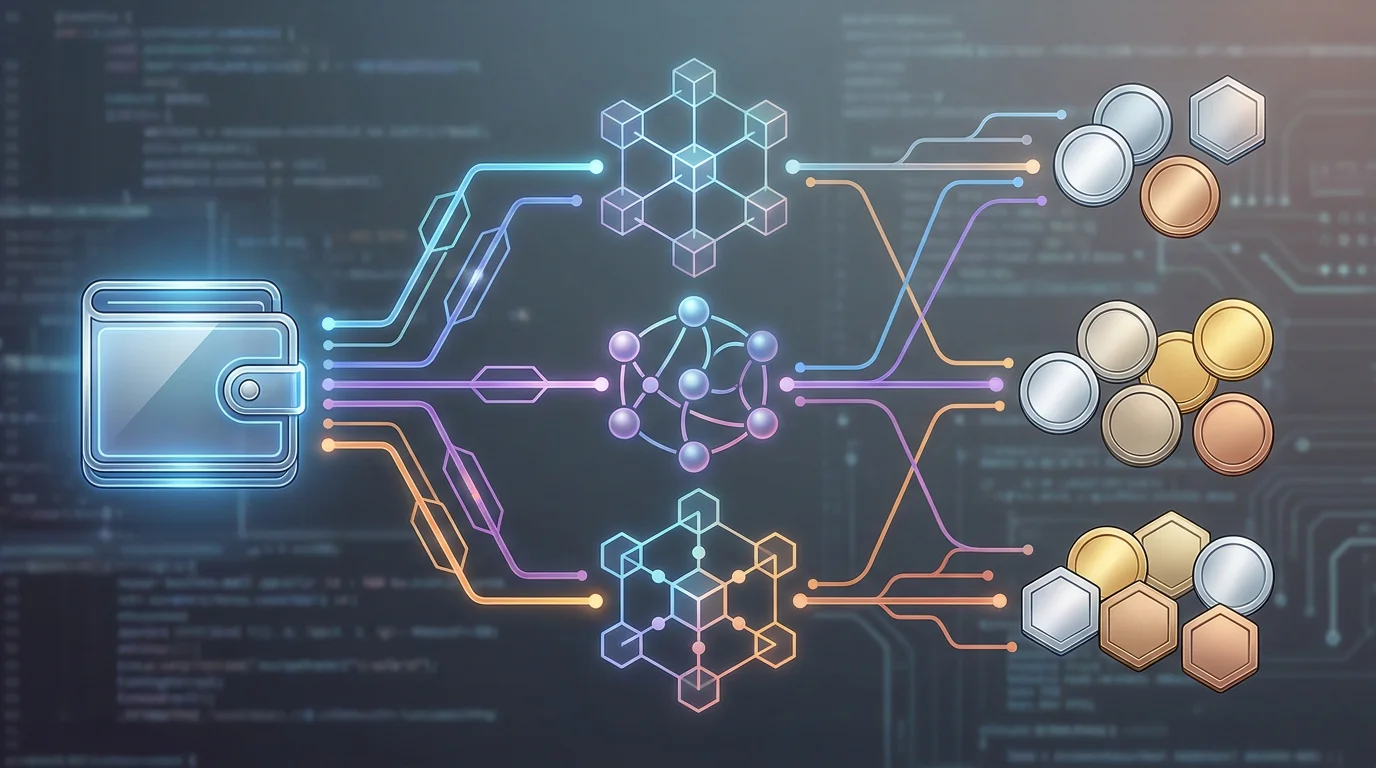 Ilustración editorial de criptoactivos conectados por distintas redes blockchain