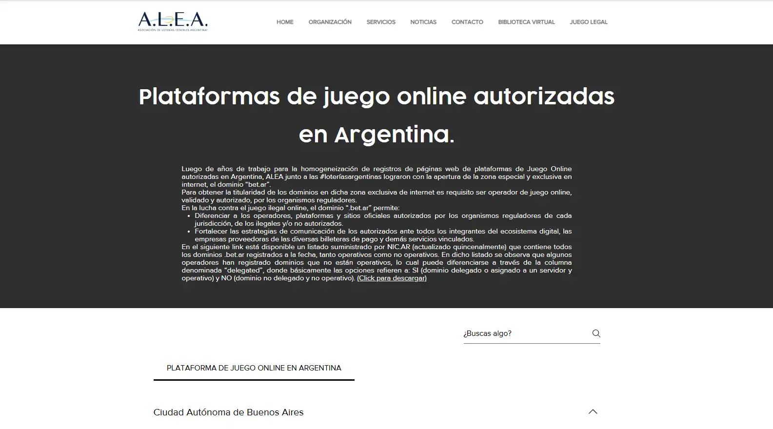 Captura real de la página de ALEA sobre plataformas de juego online autorizadas y el dominio bet.ar