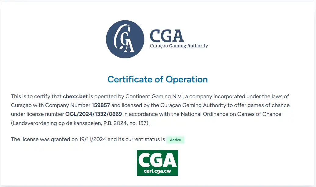 Captura real del certificado de la Curaçao Gaming Authority para la licencia de CHEXX
