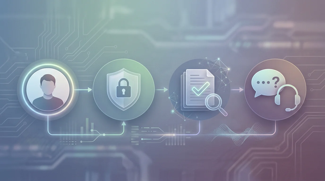Ilustración editorial del flujo de cuenta, revisión de seguridad, KYC y soporte