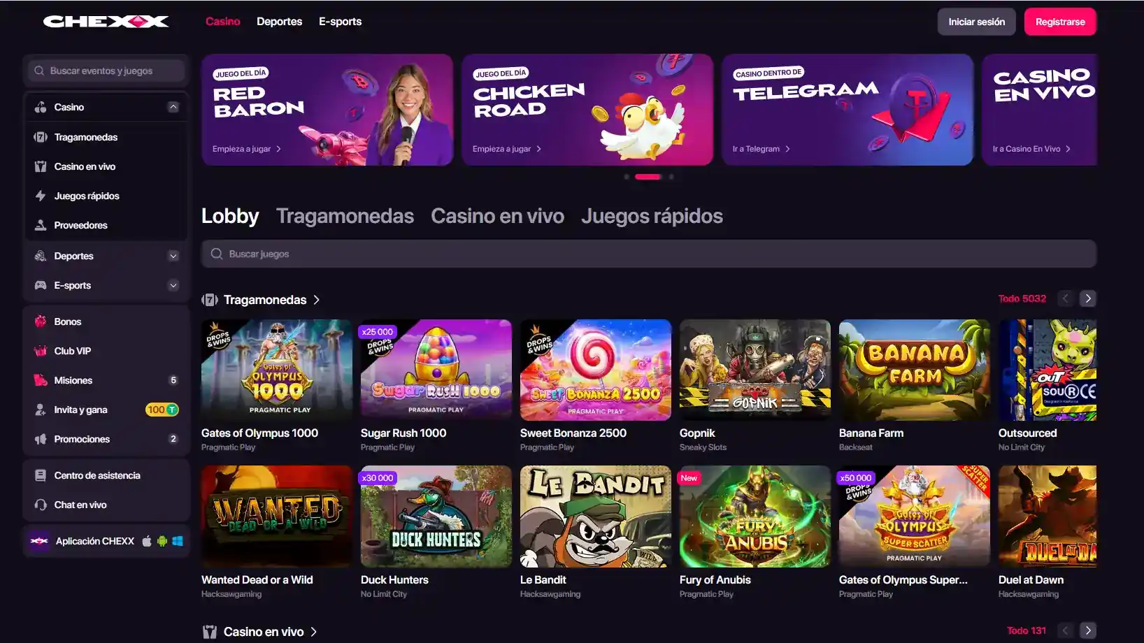Captura real del lobby de juegos de CHEXX con sus categorías principales